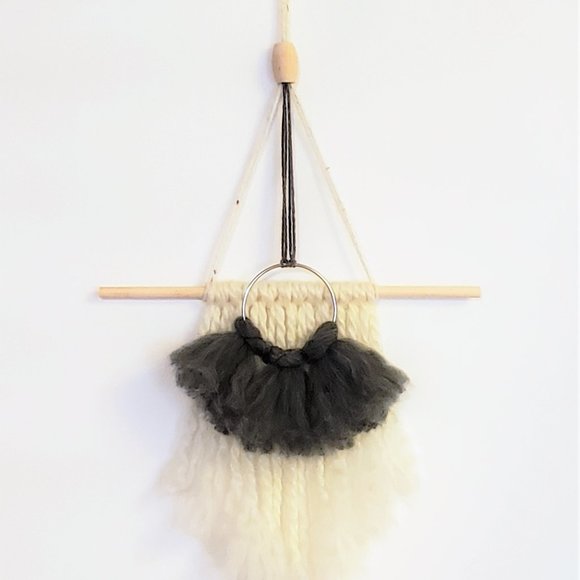 Mini Gray & Cream Boho Yarn Wall Hanging - Picture 2 of 3